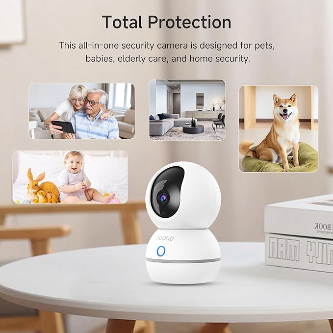 Noorio Security Camera 2K, Baby Monitor Dog Camera 360-degree for Home Security/Smart Motion Tracking, Phone App, IR Night Vision, Siren, Compatible with Alexa, 2-Way Audio, CS201