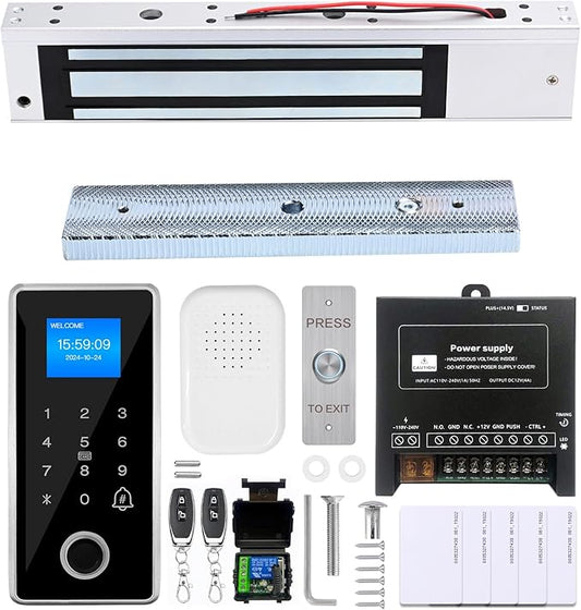 Waterproof Fingerprint Access Control Kit, 600LBS Holding Force NC Mode Magnetic Lock, IP68 Metal Keypad Supports Fingerprint, Password, RFID Card & Remote Unlock for Door Security