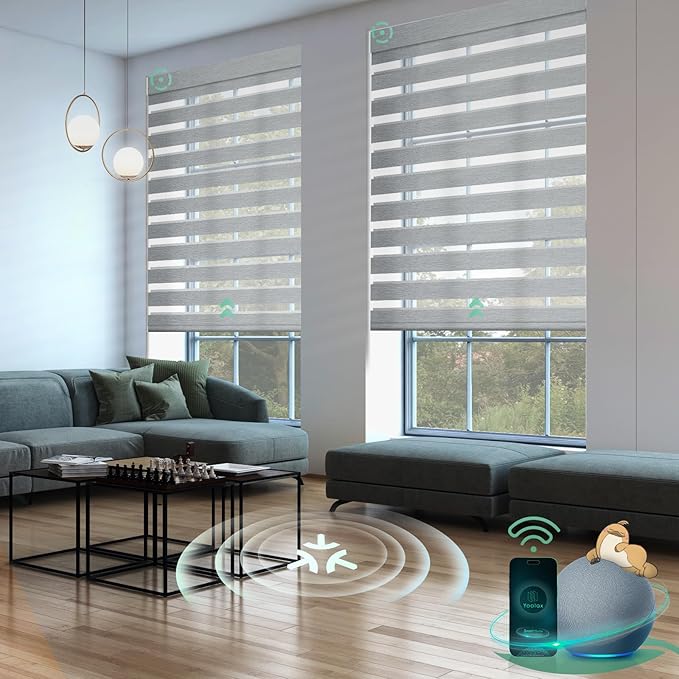 Yoolax Motorized Matter Zebra Blinds Compatible with Alexa, Google Home, Apple HomeKit, Light Filtering Smart Blinds, Privacy Light Control Horizontal Window Blind for Home (60% Shading Sheer Gray)