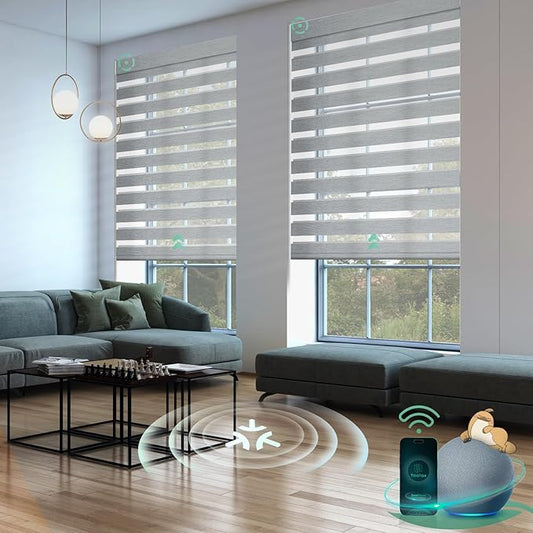 Yoolax Motorized Matter Zebra Blinds Compatible with Alexa, Google Home, Apple HomeKit, Light Filtering Smart Blinds, Privacy Light Control Horizontal Window Blind for Home (60% Shading Sheer Gray)