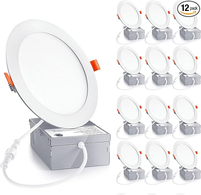 12 Pack 6 Inch Ultra-Thin LED Recessed Ceiling Light with Junction Box, LED recessed Lighting 6 inch 12W 110W Eqv, LED Downlights,1050LM High Brightness can Lights。
