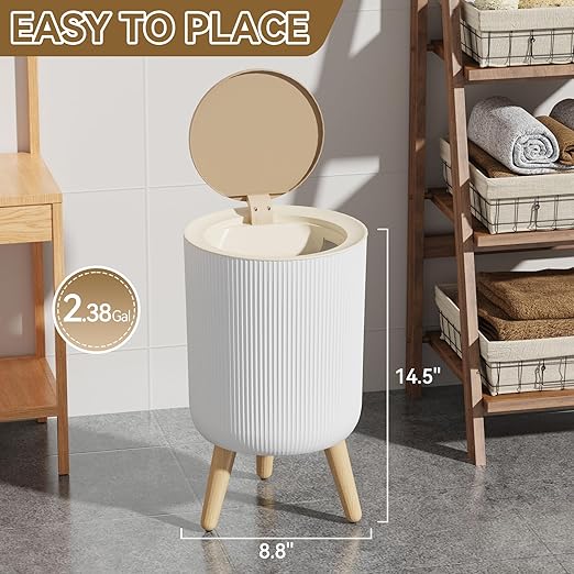 Automatic Bathroom Small Trash Can with Lid, 2.38 Gal Smart Motion Sensor Wastebasket, Waterproof Garbage Can with Legs and Wood Grain Top for Kitchen,Bedroom,Office,Desk, Living Room, RV