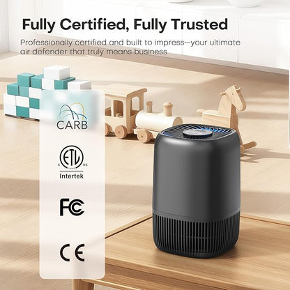Air Purifiers for Bedroom with High Efficiency Filter Up to 1076 Ft² for Pet Hair, Odors, Pollen, Smoke, Compact Air Cleaner with 3 Speeds, Timer, Aroma Quiet 360°Intake Filter, Black