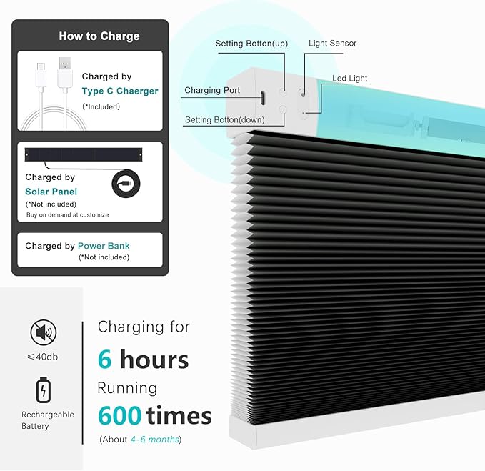 Changshade Motorized Cellular Shades Remote Control Light Filtering for Indoor Windows, Custom Size Smart Honeycomb Blinds Electric Automatic Solar Panel Compatible with Alexa, Google Home, Black
