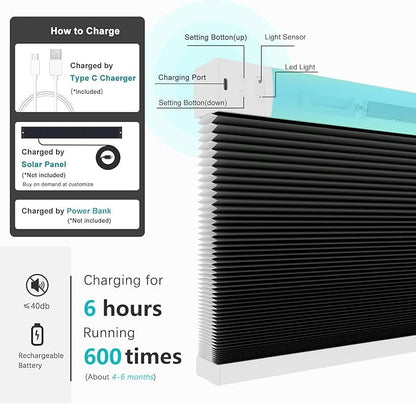 Changshade Motorized Cellular Shades Remote Control Light Filtering for Indoor Windows, Custom Size Smart Honeycomb Blinds Electric Automatic Solar Panel Compatible with Alexa, Google Home, Black