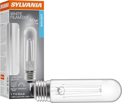 Sylvania T10 Clear LED White Filament Bulb, 7.5W, Dimmable, 800 LMS, Medium Base, 5000K, Daylight - 1 Pack (42265)