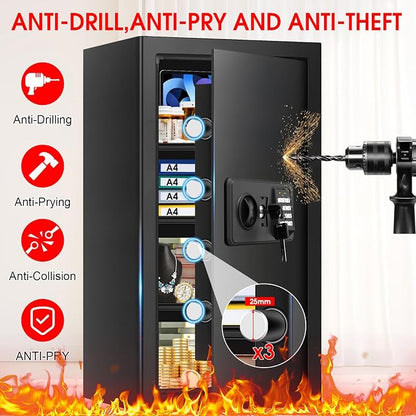 6.0 Cub Large Home Safes Fire and Waterproof, Anti-theft Fire Proof Safe Box with Digital Keypad, Key Lock and 3 Removable Shelves, Security Safes Fireproof Waterproof for Home Document Valuables