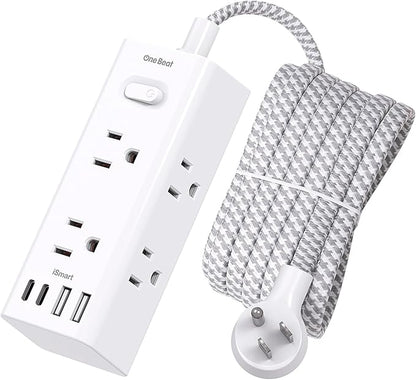10 Ft Power Strip Surge Protector - One Beat 10ft Extension Cord with 6 Widely Outlets 4 USB Ports (2 USB C), Wall Mount Outlet Extender, Flat Plug Power Strip for Travel Home Office College Dorm Room