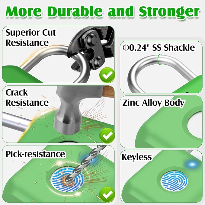 Pothunder Fingerprint Padlock, Smart Padlock, Locker Lock, Combination Lock, Fingerprint Lock with APP Unlock, USB Rechargeable, Suitable for Gym Locker, Locker(Avocado Green)