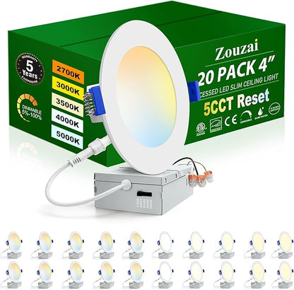 zouzai 20 Pack 4 Inch Ultra-Thin LED Recessed Ceiling Light with Junction Box 5CCT Adjustable Dimmable Can-Killer Downlight - ETL and Energy Star Certified