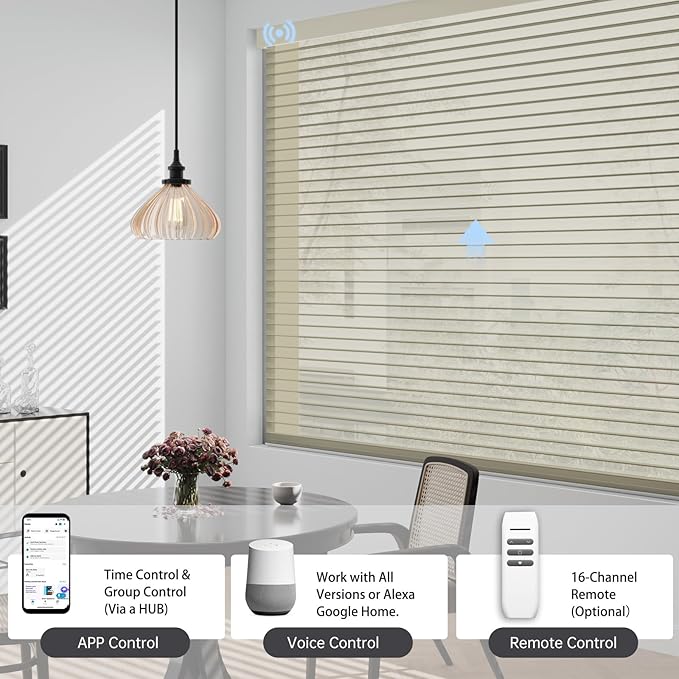Motorized Sheer Shades with Remote, Automatic Dual-Layered Shades for Windows, Smart Light Filtering Blinds Compatible with Alexa, Custom Size (Light Filtering Soft Beige)