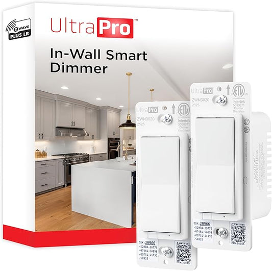 UltraPro Z-Wave Plus Long Range in-Wall Smart Dimmer for Smart Home Automation, 2 Pack, Plastic Yoke, Flying Leads, Single-Pole/3-Way, Hub Required, 76606