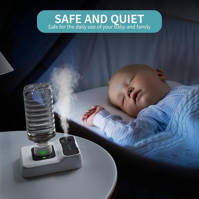 Travel Humidifier, Portable Small Humidifier for Plants, Bedroom, Office, Hotel or Car, Battery Operated Mini Cool Mist Humidifiers, Quiet 23dB, Auto-off, Night Light & BPA-Free, White