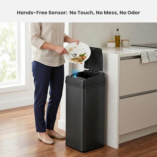 iTouchless 13 Gallon Sensor Trash Can with Lid, Pet Lock & Odor Filter, Patented 50L Automatic Motion Sensor Kitchen Garbage Can Luxury Fingerprint-Proof Stainless Steel Rectangular Wastebasket, Black