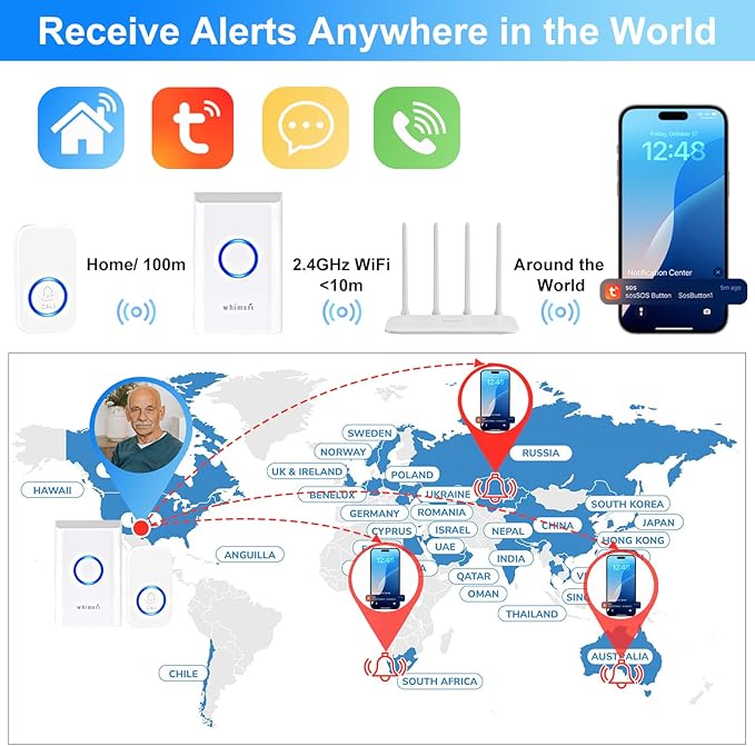 Caregiver Pager, Wireless Smart Emergency Call Button for Elderly/Seniors, Disabled at Home,2.4Ghz SOS Nurse Home Call Alert System