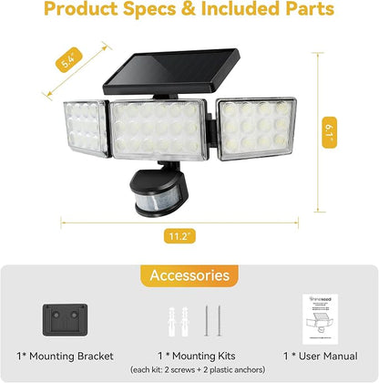 Solar Lights Outdoor, 3500LM 168 LED Motion Sensor Solar Flood Lights, 3 Heads 300° Wide Angle, 3 Modes IP65 Waterproof Solar Security Lights for Yard Garden Patio, 1 Pack (Black)