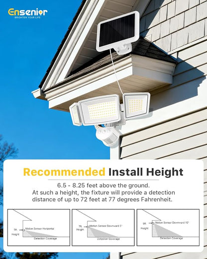 Ensenior Solar Security Lights, Wide Beam Flood Light 6500K Super Bright for Driveway Backyard Garden, Remote Control Motion Lights, Weather-Resistant Exterior Lighting, 1800LM Lumen, White, 2-Pack