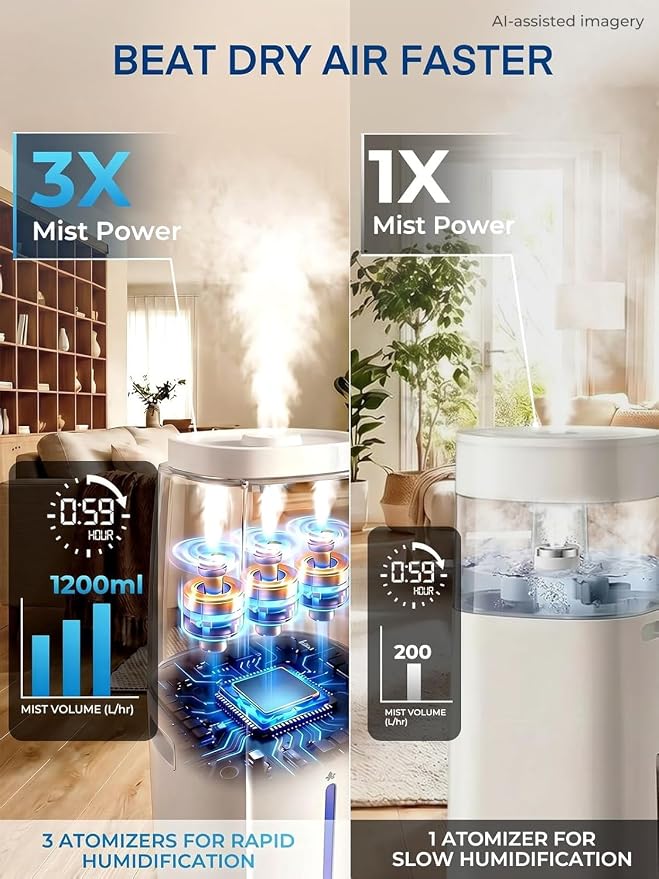 18L Humidifier Large Room, 1300mL/H Triple Mist, Up to 1500 Sq.Ft