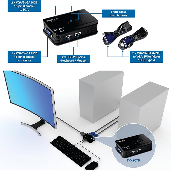 TRENDnet 2-Port USB KVM Switch, TK-207K | Control Two Computers with One Set of Console Controls,2048 x 1536 Resolution,60Hz Refresh Rate,All Required Cabling Included
