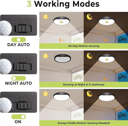 hepside Motion Sensor Ceiling Light Wired, 3000K/4000K/6500K LED Flush Mount Ceiling Light Fixture, 7Inch 15W Motion Sensor Light with Timer for Closet Stair Porch Hallway Pantry,Black