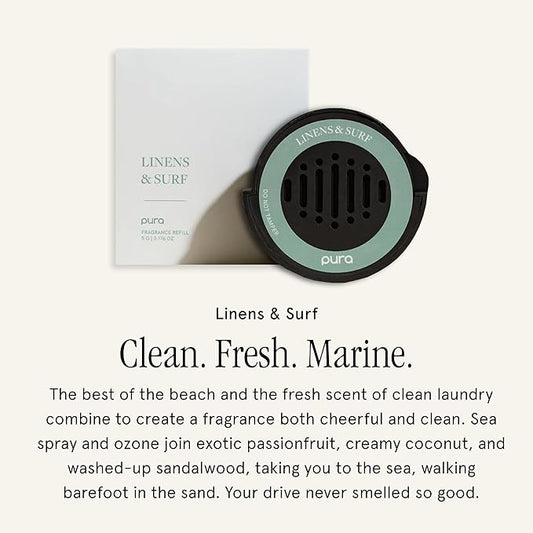 Pura Car Scent Refill - Fragrance for Pura Car Diffuser - Clean & Safe Luxury Diffuser Scent - Long-Lasting Fragrance for 30 Days of Aroma - Linens & Surf