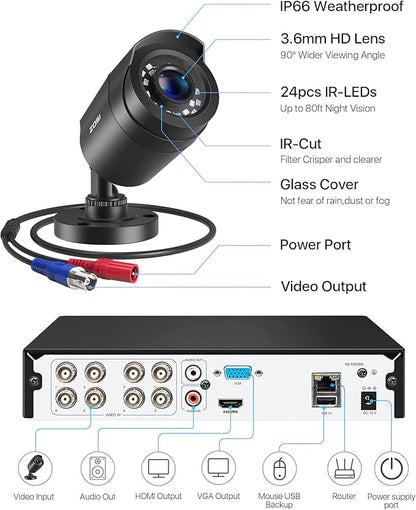 ZOSI 3K 5MP Lite Home Security Camera System with AI Human Vehicle Detection, H.265+ 8 Channel Surveillance DVR and 4 x 1080p Weatherproof CCTV Bullet Camera Outdoor Indoor, 80ft Night Vision, 1TB HDD
