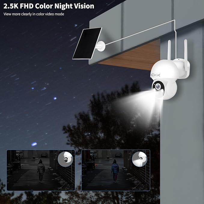 CKK Wireless Cameras for Home/Outdoor Security, Solar Security Cameras Wireless Outdoor 355°PTZ, 4MP 2.5K WiFi Camera with Spotlight, PIR Sensor, Siren, Color Night Vision, 2-Way Talk, SD/Cloud