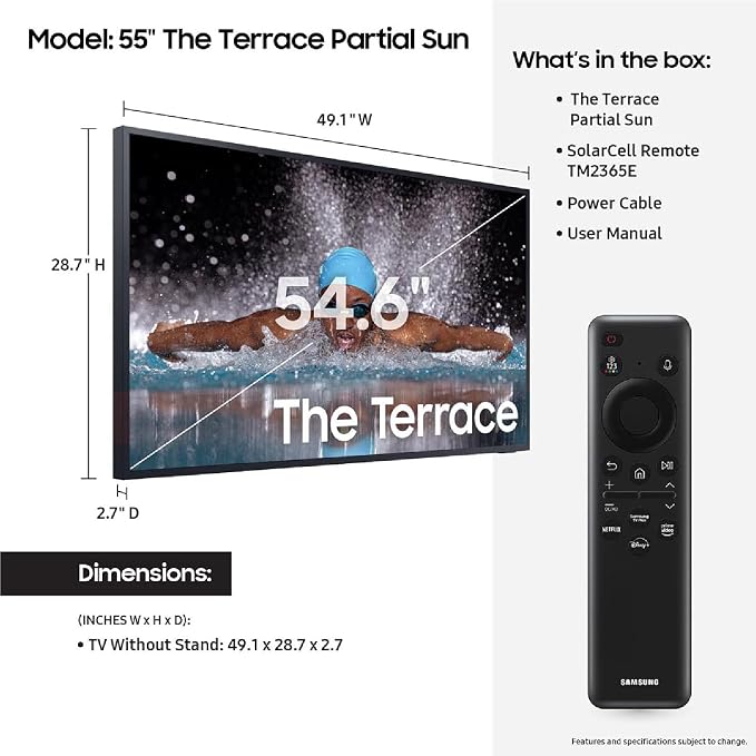 SAMSUNG 55-Inch Class Neo QLED 4K The Terrace Partial Sun, Quantum HDR+ (QN55LST7DAFXZA, 2024 Model) + SAMSUNG 55-Inch The Terrace Outdoor Smart TV Dust Cover with Protective Lining, VG-SDCC55G