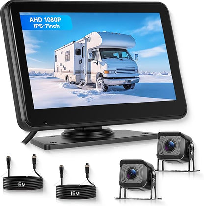 RV Backup Camera,7'' Backup Camera Monitor,1080P 4K,2 Channels,Wide Angle,DIY Guide Lines,Night Vision,IP69 Rear View Camera Waterproof+5m/15m Extension Cord for Bus/RV/Truck/Trailer-Plug and Play