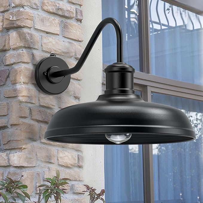 16 Inch Dome Dusk to Dawn Gooseneck Barn Light Outdoor, Large Farmhouse Exterior Light Fixture Wall Mount, Industrial Outdoor Wall Sconce Outside Lantern for House, Porch, Garage, Entryway, Black