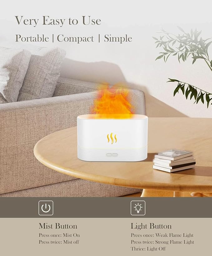 Aegci Essential Oil Diffuser Humidifer with Flame Light Effect, 180ml Air Diffuser for Essential Oils, Humidifiers for Bedroom with 2 Brightness, Auto-Off Function(White)