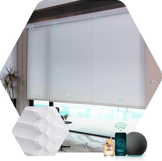 Yoolax Motorized Cellular Shades Compatible with Alexa, Light Filtering Motorized Blinds with Remote Smart Honeycomb Shades for Indoor Windows, Automatic Blinds Custom Size (Double Cell White)