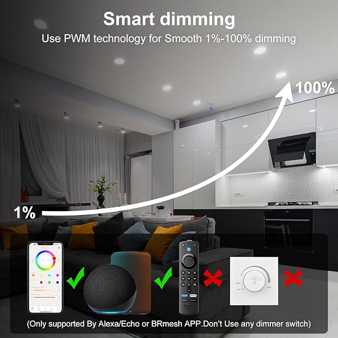Smart Recessed Lighting 6 Inch RGBCW Color Changing 16W LED Recessed Ceiling Light with Junction Box,1350LM Canless LED Downlight Compatible with Alexa,Dimmable by Bluetooth Control,6 Pack