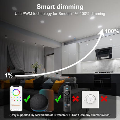Smart Recessed Lighting 4 Inch RGBCW Color Changing 12W Black Recessed Ceiling Light with Junction Box,1080LM Canless LED Downlight Compatible with Alexa,Dimmable by Bluetooth Control -12Pack
