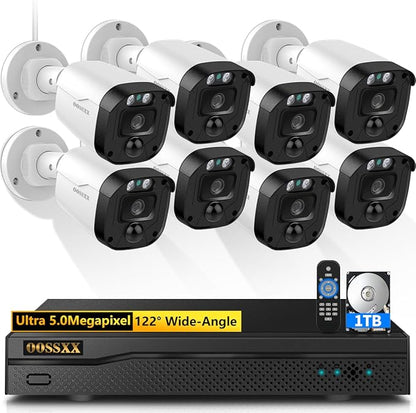 (2026 Update) 5MP Wired Security Camera System Outdoor, 8CH DVR with 1TB HDD, 8 x 122° Wide Angle Home Surveillance Cameras, IP67 Waterproof, Free App No Monthly Fee, Remote Control, 65ft Night Vision
