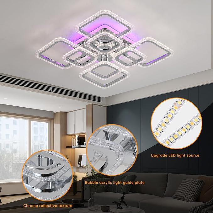 Modern 80W LED Ceiling Light, 8-Square Dimmable Flush Mount, Chrome | 4800LM with Remote, 3000K-6000K, Modern Ceiling Light Fixture for Living Room, Bedroom, Dining Room, Kitchen, Hallway