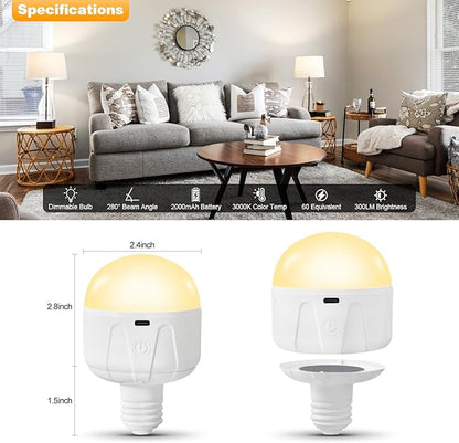 Rechargeable Light Bulbs with Remote, 2000mAh Magnetic Battery Powered E26 LED Bulb with Timer for Lamps/Sconces/Outdoor Camping, 3 Color Temperatures & 12 RGB Colors, Non-Hardwired, 4 Pack