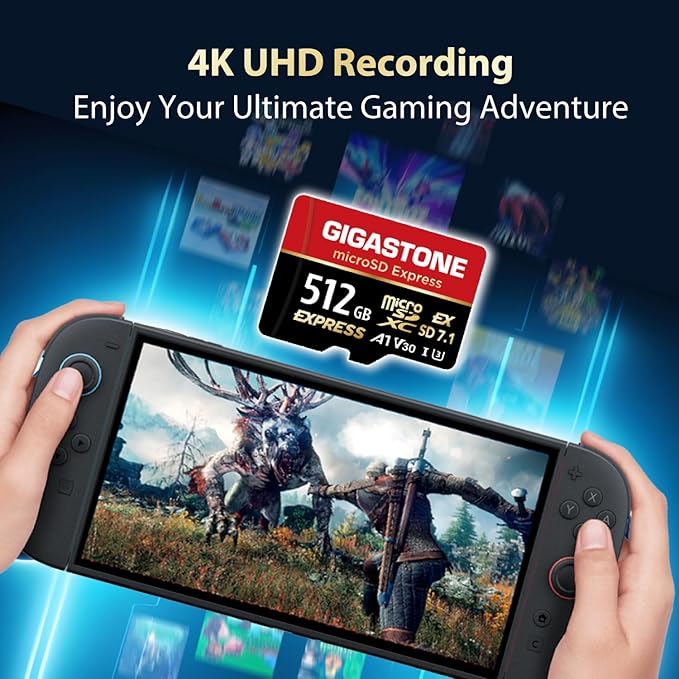 【Designed for Switch 2】 GIGASTONE 512GB microSD Express, R/W 880/650MB/s Compatible with Nintendo-Switch 2, SD 7.1, Professional Camera, A1 V30, with SD Adapter and USB C Card Reader