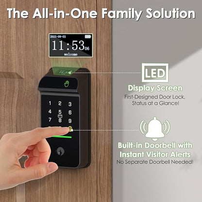 Eseesmart Smart Lock with Palm Vein, Keyless Entry Smart Locks with Doorbell, Upgraded 10000mAh Rechargeable Battery, Built-in WiFi Alexa Control with Display Screen, Auto-Lock, IP65 Waterproof