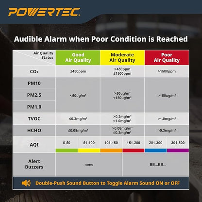POWERTEC AD1001 Air Quality Monitor with 7" LCD Display - Multi-Sensor CO₂, PM2.5, PM10, TVOC, HCHO, Detector, NDIR Sensors, Rechargeable Indoor/Workshop Air Monitor