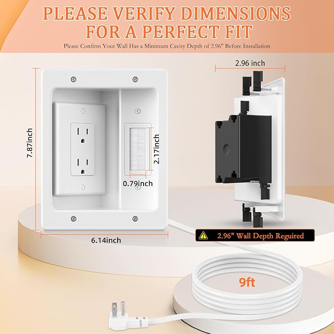 in Wall Cable Concealer Kit with Brush Wall Plate,Recessed Outlet Box,9ft Cord,2 Gang Pass Through Wire Hider for TV Cable Management,HDMI Cables and Home Theater Systems