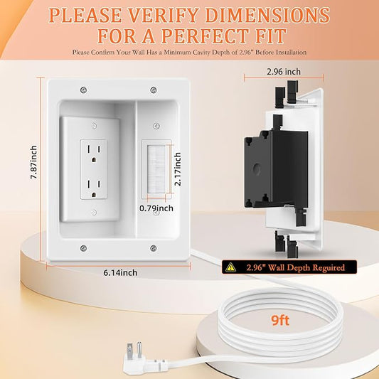 in Wall Cable Concealer Kit with Brush Wall Plate,Recessed Outlet Box,9ft Cord,2 Gang Pass Through Wire Hider for TV Cable Management,HDMI Cables and Home Theater Systems