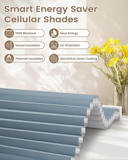Kincmo Motorized Cellular Shades, Custom Motorized Blinds with Remote, Cordless Smart Electric Honeycomb Blinds Work with Apple HomeKit, Alexa, Google (100%-Blackout-Single-Cell Blue)