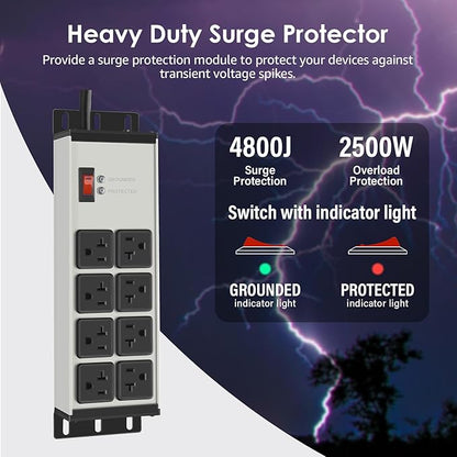 CCCEI Heavy Duty Power Strip Surge Protector 20 AMP, 8 Outlets 12 Gauge Industrial Shop Garage Metal Multiple Outlets, 10 FT Extension Cord 5-15P Adapter High Amp 6-20R T-Slot 20a for Appliance