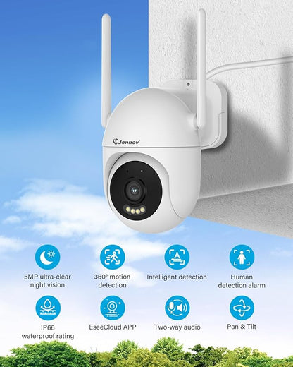 Jennov 5MP Wireless Security Camera System with Monitor, 4 Outlet-Powered Cameras, 10CH NVR Kit with 500GB HDD, Night Vision, Motion Detection, IP66, No Subscription, Home Surveillance Indoor Outdoor