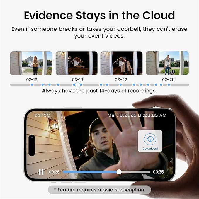 DEKCO Wireless Video Doorbell Camera, 2K Head-to-Toe View (9:16), 170° Wide Angle, Battery Powered Home Security, PIR Motion & AI Human/Package Detection, Voice Changer, Cloud Storage Edition