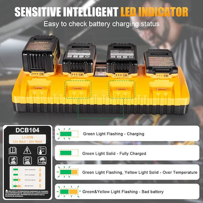 4 Port Battery Charger Fits for Dewalt 12V 20V Max Lithium Battery, DCB104 | Multi Battery Charging Station with USB Ports, Fits for Dewalt Lithium Batteries for Jobsite, Workshop and Home Garage Use