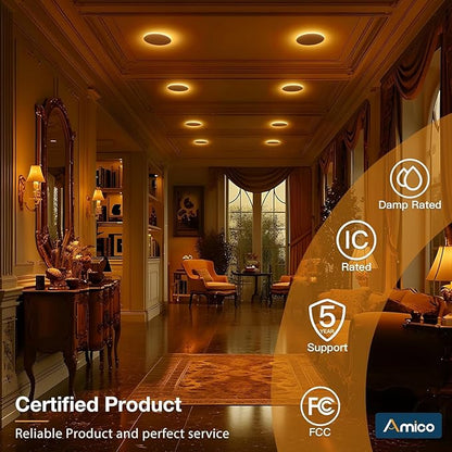 Amico 2 Pack 4 Inch 5CCT LED Recessed Ceiling Light with Night Light, 2700K/3000K/3500K/4000K/5000K Selectable Ultra-Thin Lighting, 10W=90W, 700LM, Dimmable Canless Wafer Downlight - ETL&FCC