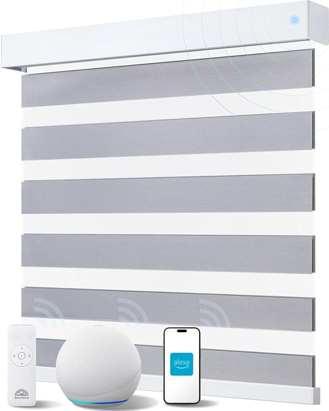 Smart Zebra Blinds for Windows, Alexa Motorized Blinds with Remote Control, Automatic Electric Power Zebra Shades for Indoor Windows (40" W x 72" H, Gray Fabric & White Shell)