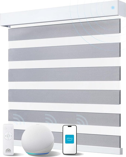 Smart Zebra Blinds for Windows, Alexa Motorized Blinds with Remote Control, Automatic Electric Power Zebra Shades for Indoor Windows (38" W x 72" H, Gray Fabric & White Shell)